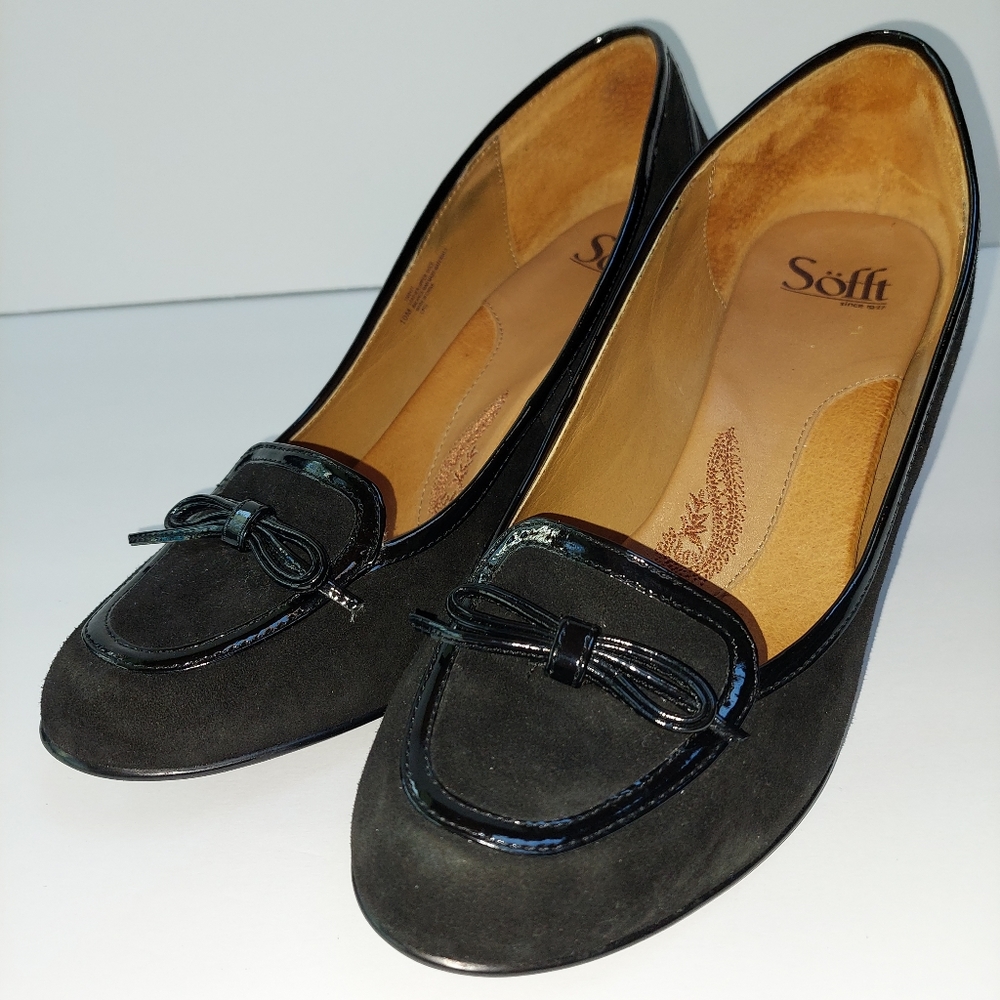 Women's Softt Pumps Black Suede & Patent Trim Sz 10M Retro Design Molded 3" Heel